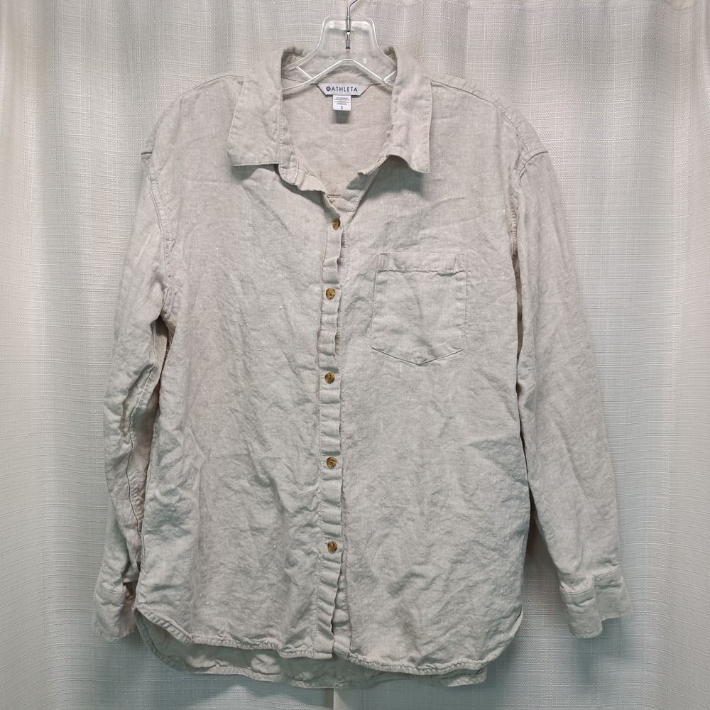 Athleta Womens 100% Linen Button Down Shirt Oatmeal Beige Long Sleeve Large